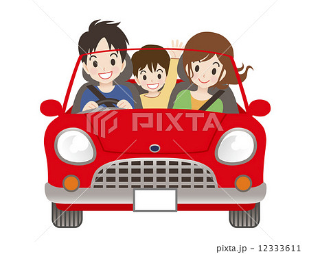 3人家族 ドライブ 赤い車のイラスト素材