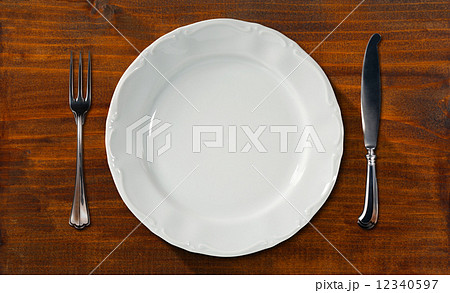Empty Plate on Wooden Table with Cutlery 12340597