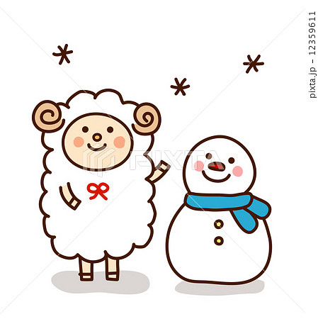 手書き羊と雪だるまのイラスト素材
