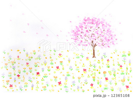 春 桜 ソメイヨシノ チューリップ 四月 花畑 野の花 野花 桃色 かわいい 水彩 赤色 屋外 のイラスト素材