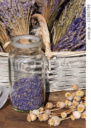 Storage jar dried lavender blossoms 12365789