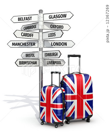 Travel concept. Suitcases and signpost what to visit in UK. 12367269