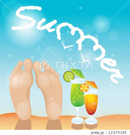 Summer time concept with cocktails and human feet on a beach 12374195