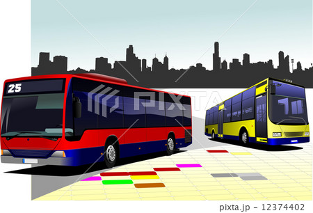 City panorama with two bases and plane images. Coach. Vector ill 12374402