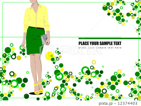 Young woman in green-yellow dress with green-yellow circles arou 12374403