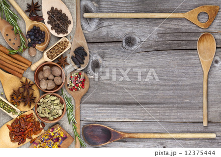 Spices and Herbs with wooden Spoons as Frame Spices and Herbs with wooden Spoons as Frame 12375444