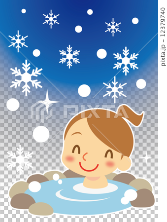 冬 雪国で温泉を楽しむ女性のイラスト素材