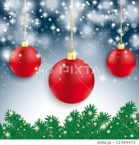 Red Baubles Light Fir Branch Blue Background 12384472