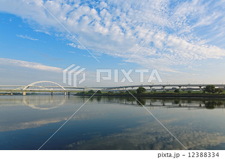 青空が広がる五色桜大橋と川面に映える景観 青空が広がる五色桜大橋と川面に映える景観 12388334