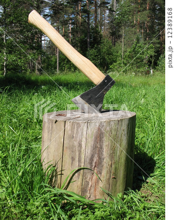 Ax stuck in a block of wood 12389168