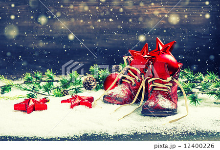 christmas decoration red balls, stars and snowflakes 12400226