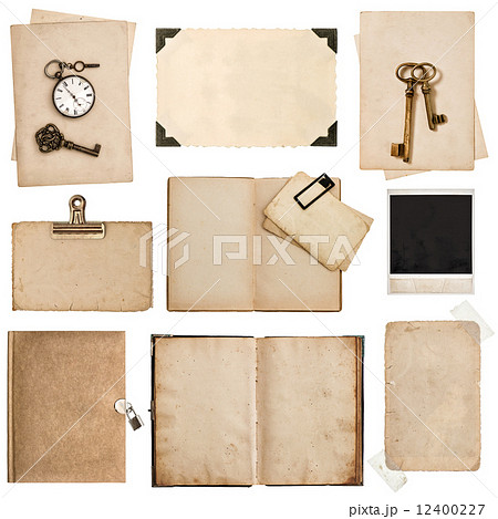 antique grungy paper sheets, books and photo frames 12400227