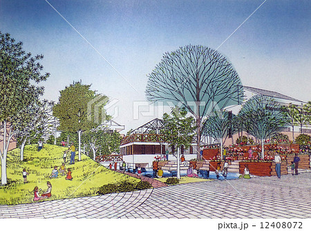近隣公園のスケッチ　公園のスケッチ　公園　ショッピングモール　商店街　広場　遊び場 12408072