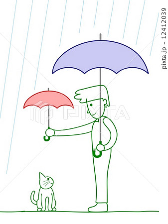 猫に傘を差し出す人のイラスト素材