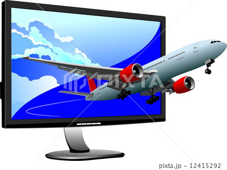 Flat computer monitor with passanger plane image. Display. Vecto 12415292