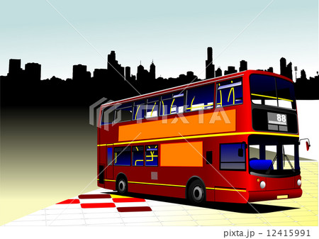 Red city bus on city panorama background. Coach. Vector illustra 12415991