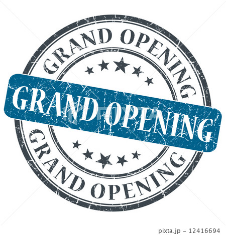 Grand opening blue round grungy stamp isolated on white background 12416694