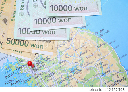 South Korean Won currency with pin on Seoul South Korean Won currency with pin on Seoul 12422503