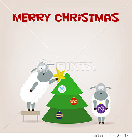Cartoon funny sheep dresses up a fir-tree.  12425418