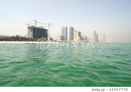 View from the sea on beach and buildings of the luxury hotels, A 12427779
