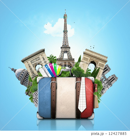France, landmarks Paris, retro suitcase, travel 12427885