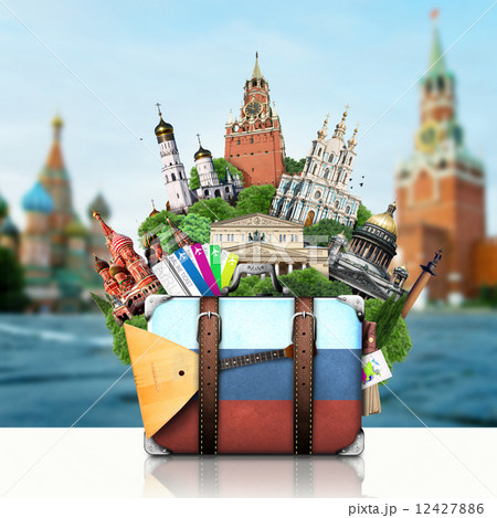 Russia, landmarks Moscow, retro suitcase, travel 12427886