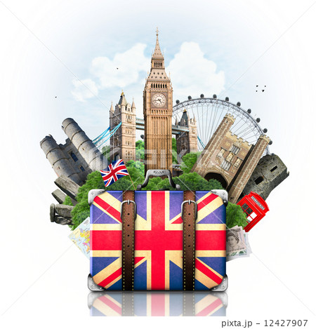 England, British landmarks, travel and retro suitcase England, British landmarks, travel and retro suitcase 12427907
