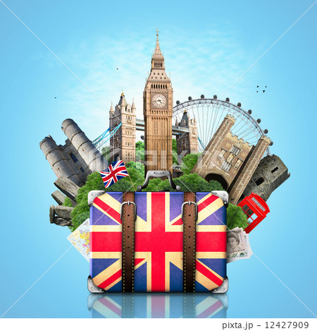 England, British landmarks, travel and retro suitcase 12427909