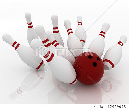 3d render of bowling ball crashing into the pins 12429098