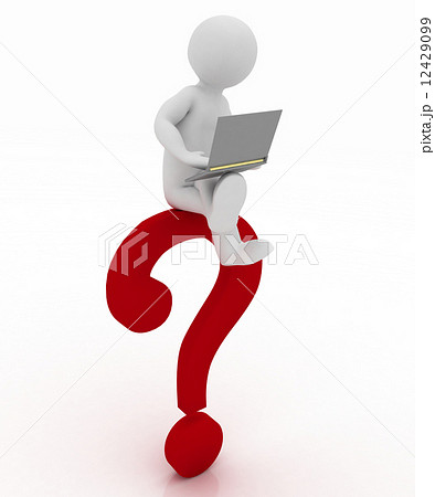 man with a laptop is sitting on a glossy red question mark 12429099