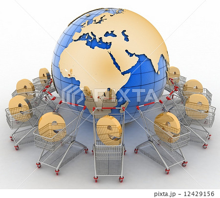 e-commerce sign in a trolley round globe on a white e-commerce sign in a trolley round globe on a white 12429156
