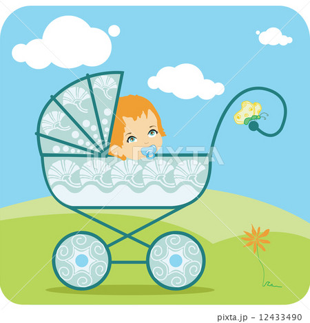 Baby peeking out from a baby carriage  12433490