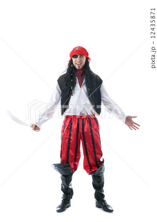 Cheerful man in pirate costume, isolated on white 12435871