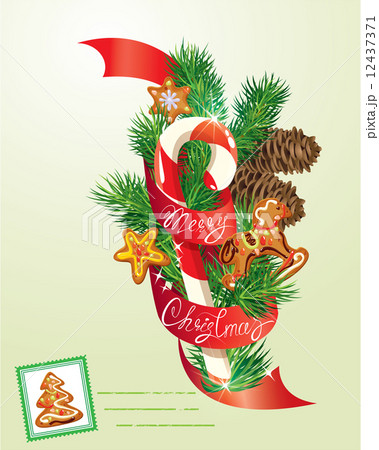 Card with xmas gingerbread, candy and fir-tree branches. Hand wr Card with xmas gingerbread, candy and fir-tree branches. Hand wr 12437371