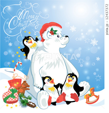 Card with funny penguins and polar bear with presents on blue sn 12437372