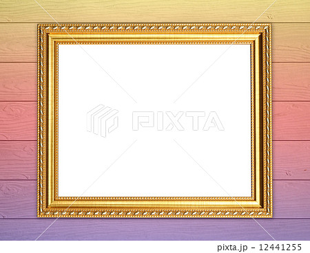 blank golden frame on colorful wood wall 12441255