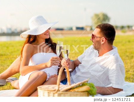 smiling couple drinking champagne on picnic smiling couple drinking champagne on picnic 12451721