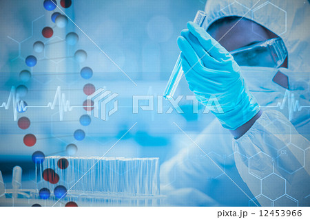 Composite image of protected scientist looking at a dangerous li 12453966