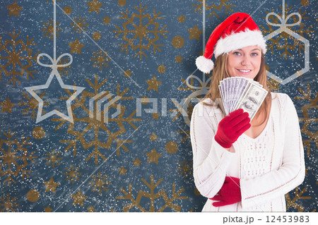 Festive blonde showing fan of dollars 12453983