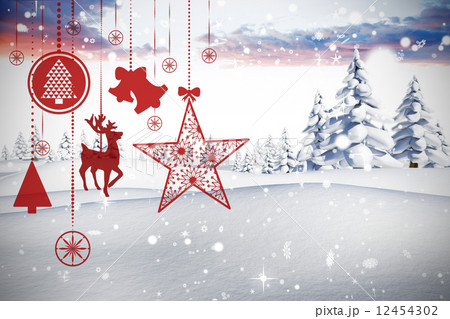 Composite image of hanging red christmas decorations Composite image of hanging red christmas decorations 12454302