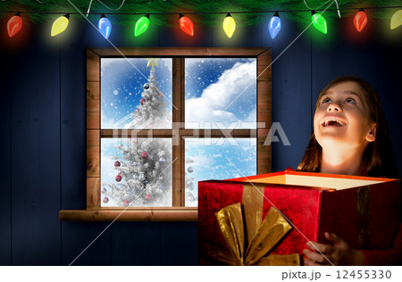 Composite image of happy girl opening gift box Composite image of happy girl opening gift box 12455330