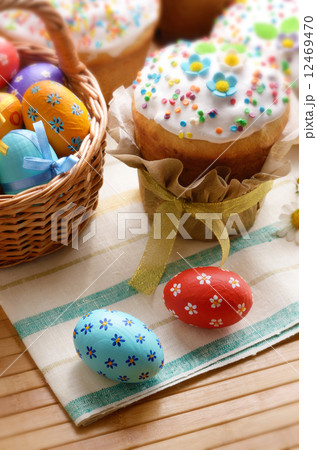 Easter eggs, cake, basket Easter eggs, cake, basket 12469470