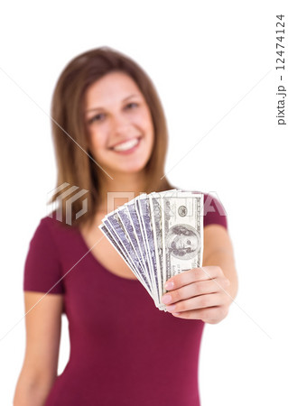 Festive brunette in dress showing her cash Festive brunette in dress showing her cash 12474124