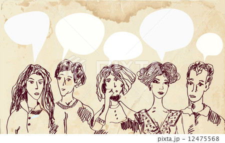 Banner with people and speech bubbles - hand drawn 12475568