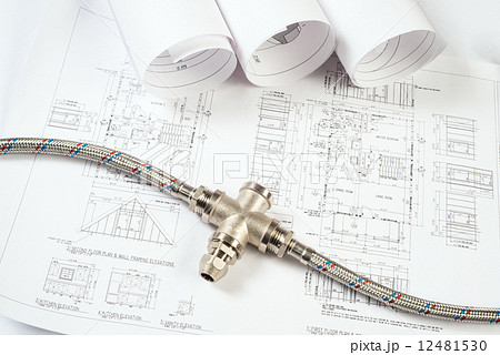 plumbing and drawings, construction still life plumbing and drawings, construction still life 12481530