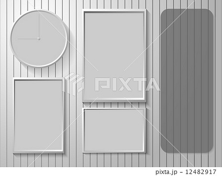 simple round clock and photo empty frames with  text frame area in right side 12482917