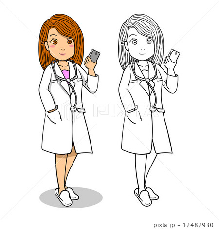 vector doodle character with line art for coloring book title "Doctor hold smart phone in hand" 12482930