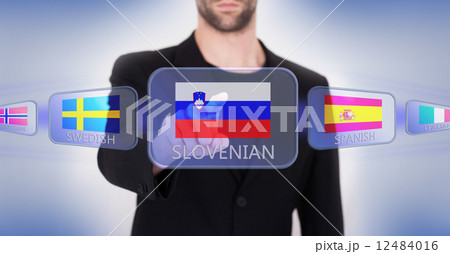 Hand pushing on a touch screen interface 12484016