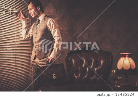 Well-dressed man with a briefcase looking through jalousie 12485924