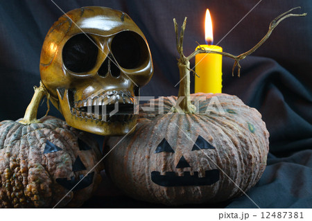 Human skulls and pumpkin on black background, Halloween day background. 12487381